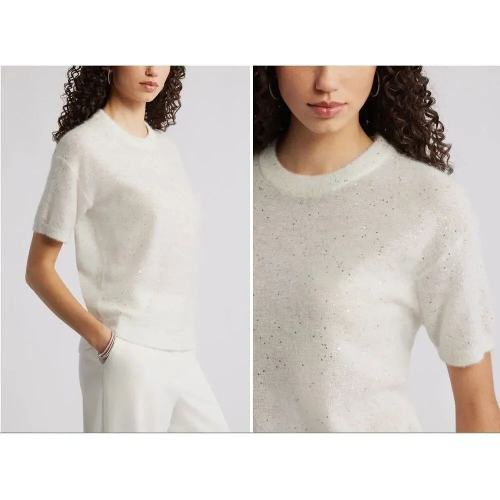 New Nordstrom Short Sleeve Sequin Sweater in Ivory Size XS
